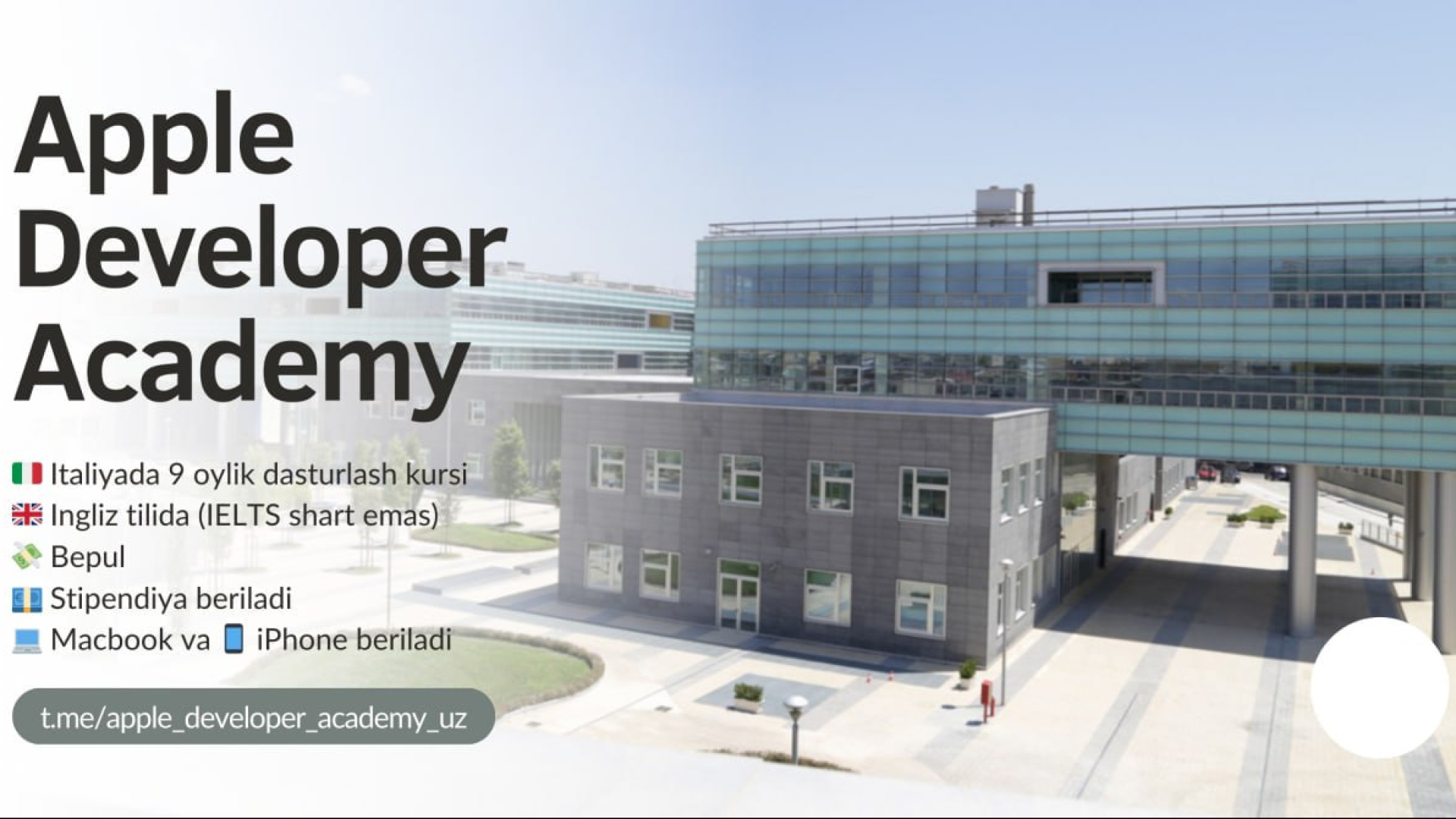 Apple Developer Academy tomonidan Italiyada dasturlash, dizayn, biznes va marketing sohalarida o‘qish uchun 220 o‘rinli grant